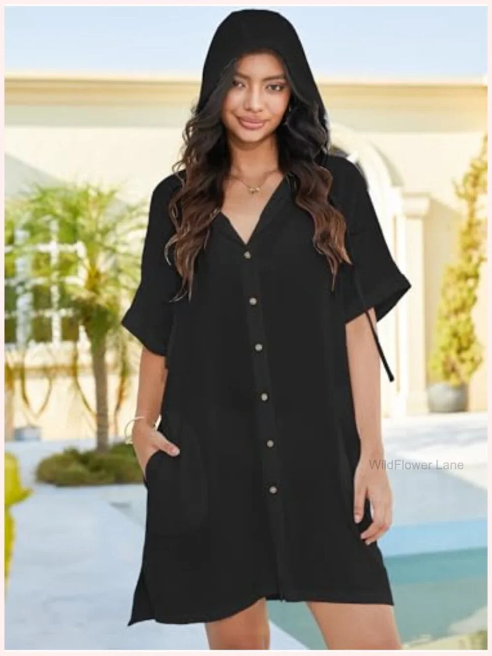 Women's Swimsuit Cover Up Button Down Hooded Shirt with Pockets Long Length